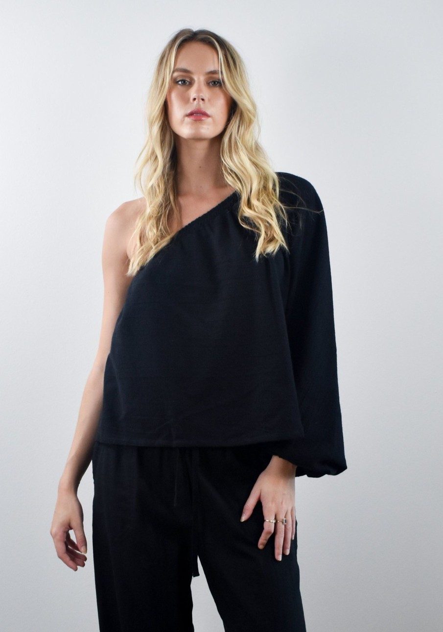 Women Cotton Wool | Carbon The Label Ivy One Shoulder Top (2 Colours) Black