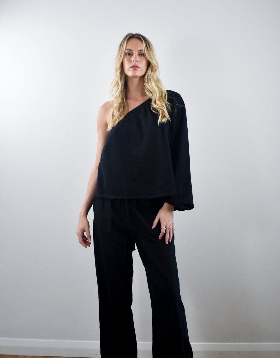 Women Cotton Wool | Carbon The Label Ivy One Shoulder Top (2 Colours) Black