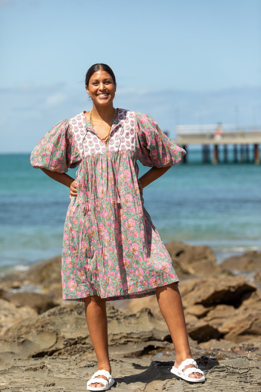 Women Cotton Wool | Mandalay Designs Picnic Cotton Dress Block Print