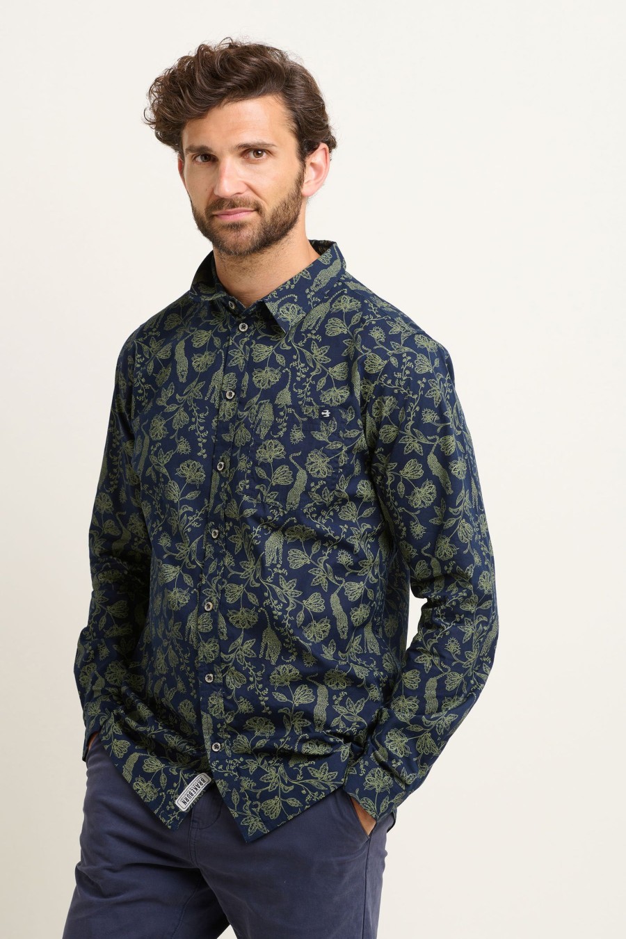 Men Cotton Wool | Brakeburn Leopard Shirt Navy And Green