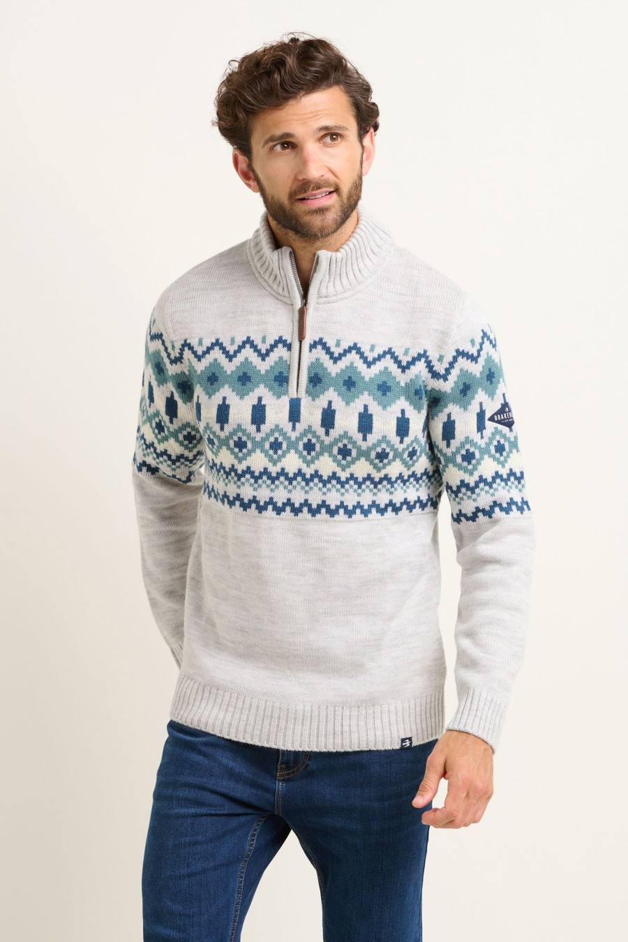 Men Cotton Wool | Brakeburn Fairisle 1/4 Zip Knit Grey